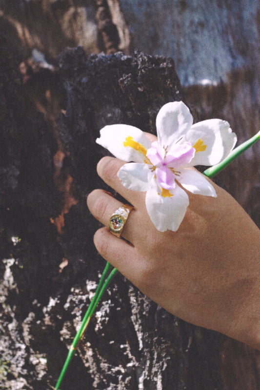 Ananta 14k gold vermeil gemstone ring worn on a hand holding a white flower against tree bark